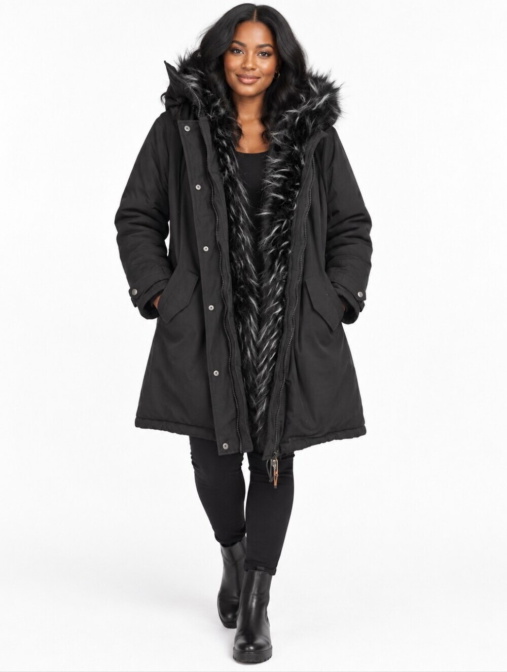 Women's Black Faux Fur Parka Winter Coat